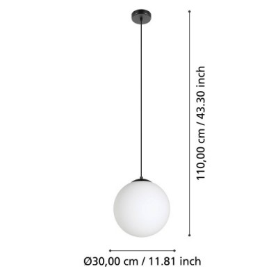 Подвесной потолочный светильник RONDO 3, 1x40W, E27, H1100, Ø300, сталь, черный/матовое опаловое стекло, белый Eglo 900511