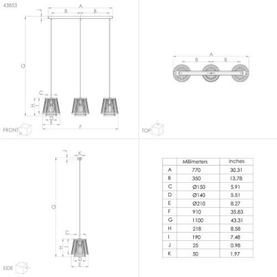 Подвесной потолочный светильник (люстра) HYKEHAM, 3Х40W, E27, L910, B210, H1100, сталь, черный/дерево, натуральный Eglo 43853
